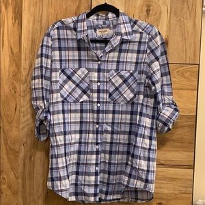 Woman’s blue plaid boyfriend button down